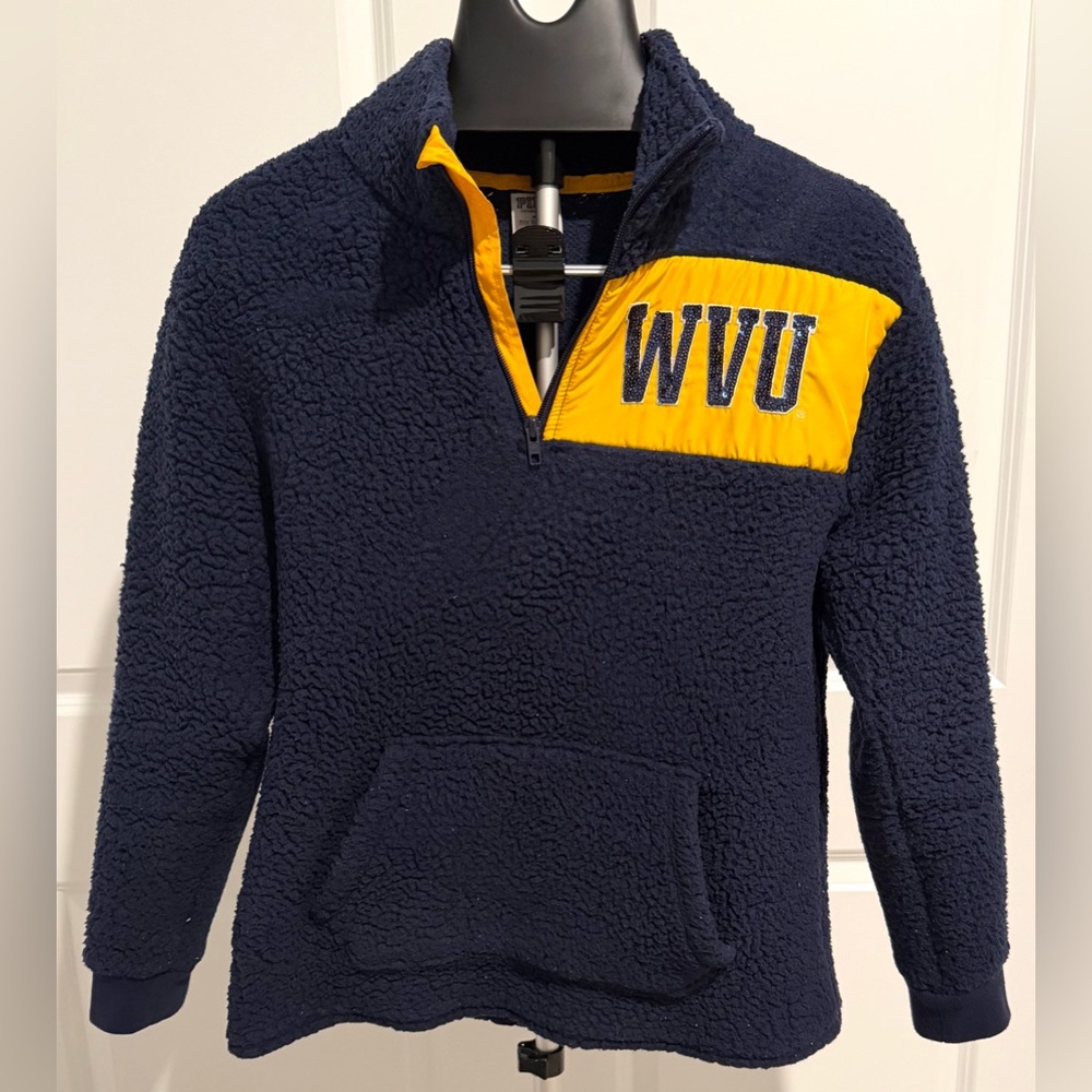 PINK Victoria’s Secret WVU Sherpa Quarter Zip Pullover XS Navy Fleece
